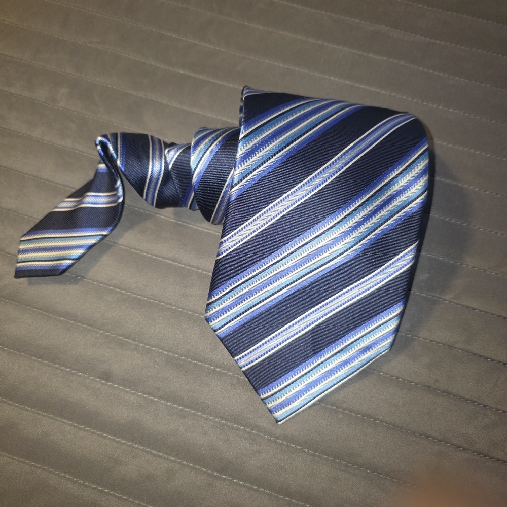 The Savile Row Co London Repp Tie Mens Navy‎ Blue White Silver Stripes 100% Silk